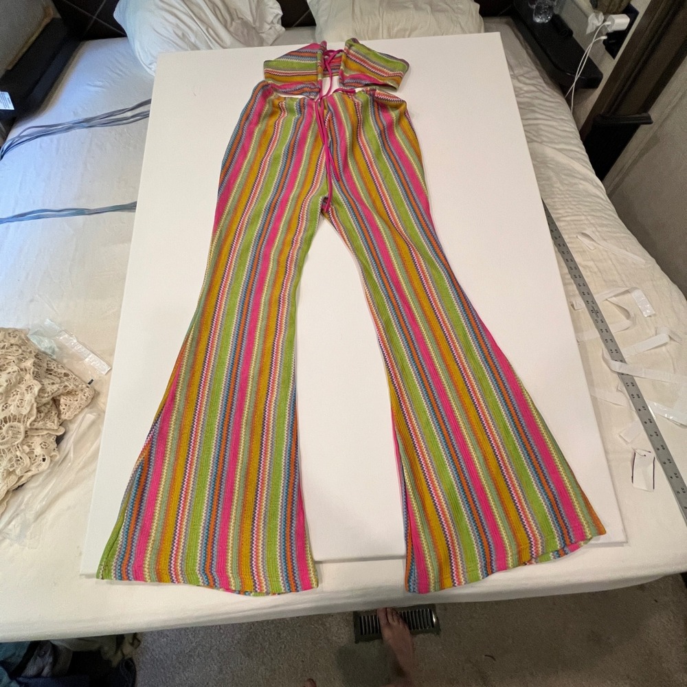SHEIN SXY Women M Rainbow Crochet Knit 2 Piece Set Flare Pants Halter Y2K NWT